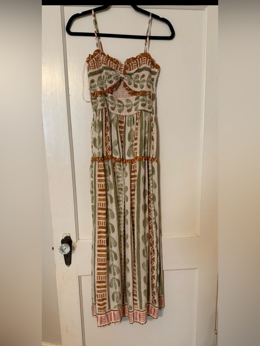 Hausen Boho Maxi Dress with Olive Leaf & Rust Stripe Print NWT